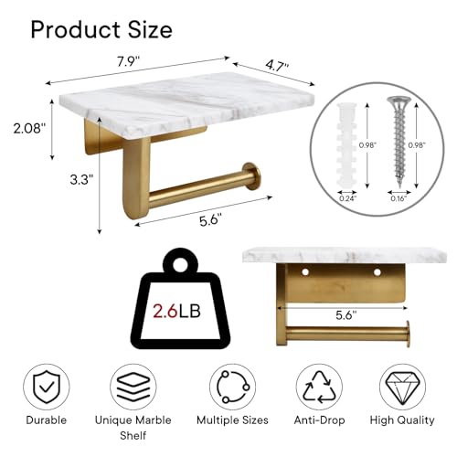Toilet Paper Holder with Natural Marble Shelf for Bathroom Washroom,Wall Mounted Tissue Holder Suitable for Mega Roll (Brushed Gold, Middle 7.87 * 4.72 in) - color: Brushed Gold, size: Middle 7.87 * 4.72 in
