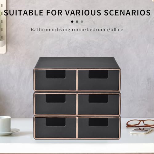 Linen Leather Desk Organizer and monitor stand with Drawers－Mini Desktop Drawer Organizer Stackable－Tabletop Organization Storage Box for Office Supplies Home Vanity Toiletries (Black, 2-drawers) - color: Black