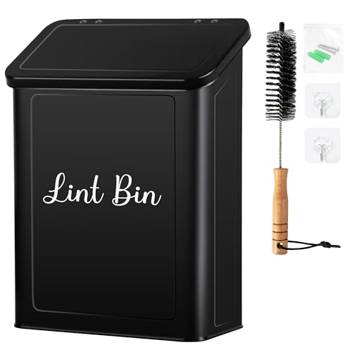 Metal Magnetic Lint Bin for Laundry Room, Wall Mounted Laundry Lint Bin with Lid & Lint Brush, Modern Farmhouse Laundry Room Decor - color: Black, size: Pattern 1