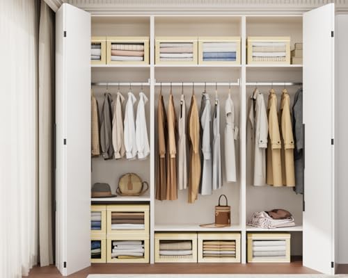 Homsorout Collapsible Storage Bins with Lids - Stackable Storage Containers with Window, 3 Pack Fabric Organizing Bins for Closet, Home & Office Organization Baskets, Beige, 14.9" x 9.8" x 9.8" - color: Beige, size: L(3-Pack)