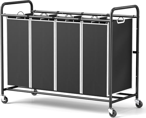 ROMOON Laundry Hamper Sorter Cart: 4-Section Organizer with Heavy-Duty Lockable Wheels and Removable Bags | 180L Rolling Laundry Basket for Dirty Clothes in Laundry Room or Small Spaces (Black) - color: black