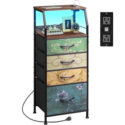 WLIVE 4 Drawer Dresser for Bedroom, 37" H Nightstand with Charging Station and Led Light, Tall Night Stand Bed Side Table, End Table with USB Ports and Outlets, Fabric Bins, Floral Painted - color: Floral Painted, size: 4 Drawers