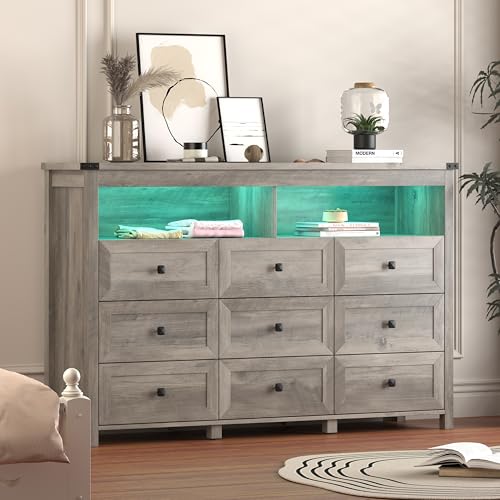Dresser for Bedroom with 9 Drawers, Wide Chest of Drawers with LED Light and Power Outlet, Wooden Closet Organizer Clothes Storage Cabinet, Modern Double Dressers for Living Room, Hallway, Grey - color: Grey, size: 15.8"D x 59.1"W x 39.4"H (9 Drawers)