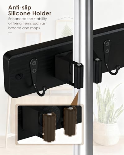 AceMining Broom Holder Wall Mounted, Black 4 Holders and 4 Hooks Mop Holder, Wooden Mop and Broom Holder with Anti slip rubber, Natural pine wood Brush Holder, Mop Wall Holde with Nail installation - color: Black, size: 1 Pack