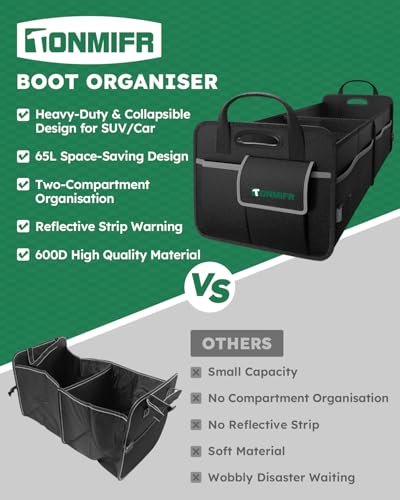 2-Compartment Trunk Organizer & Multi-Compartment Storage Box 600D Waterproof Oxford, with Reflective Strips and 8 Side Mesh Pockets for SUV, Sedan, Minivan- Heavy-Duty Car Organiser(65L) - size: 65l (Organizer Only)