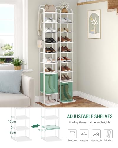 Hzuaneri 10 Tiers Vertical Shoe Rack, Narrow Shoe Tower, Tall Shoes Shelf with 2 Hooks, Adjustable Shelves, Corner Shoes Shelves for Small Spaces, Entryway, Living Room, White SR11213W - color: White, size: 10 Tier(11.8"D x 10.4"W x 67.3"H)