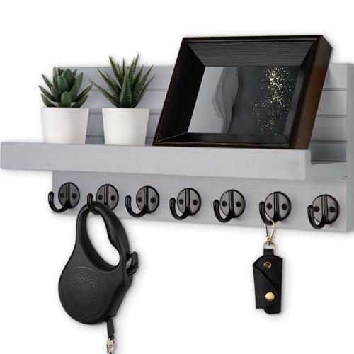 Lwenki Key Holder Wall Mount, Entryway Key and Mail Holder with 7 Sturdy Hooks for Sunglasses, Dog Leash, Decorative Wall Shelf with Mounting Hardware, 15”W x 6.7”H x 4.2”D (Gray) - color: Gray