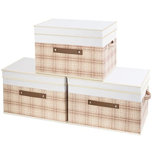 TYEERS Collapsible Storage Bins with Lids, Patchwork Design, Washable, Fabric Storage Boxes, 14.9x9.8x9.8 inches, 3 Pack, Camel Tan - color: Camel Tan & White, size: set of 3