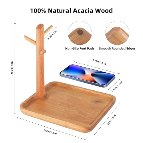 Acacia Wood Key Tray for Entryway Table, Wooden Catchall Organizer with Jewelry Storage Rack, Valet Tray for Keys Wallet Watches Sunglasses Rings(Square) - style: Square