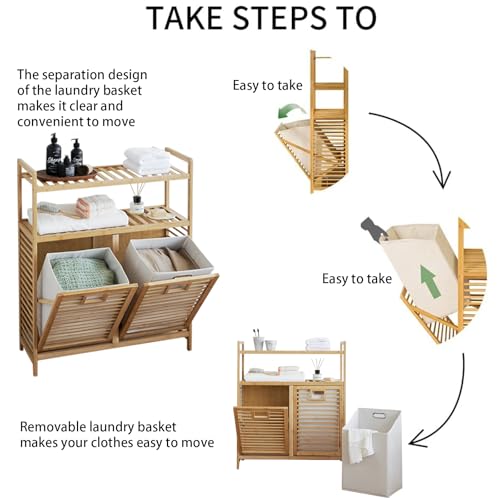 Baveke Double Tilt Out Laundry Hamper, Bamboo Hamper with 2 Removable Bags, Pull Out Laundry Hamper Cabinet, Bathroom Storage Shelf for Laundry Room, Living Room, Bedroom (2-Tier, Natural) - color: Natural, size: YSJ02-2T