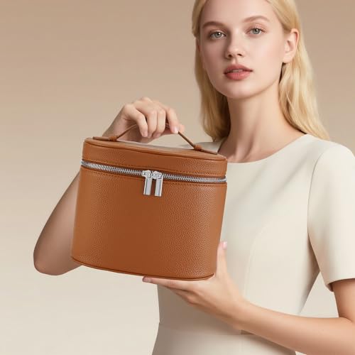 Makeup Bag Vanity Case Cosmetic Bag with Removable Divider Travel Toiletry Bag for Women Portable Make up Box Organizer, Brown - color: Brown