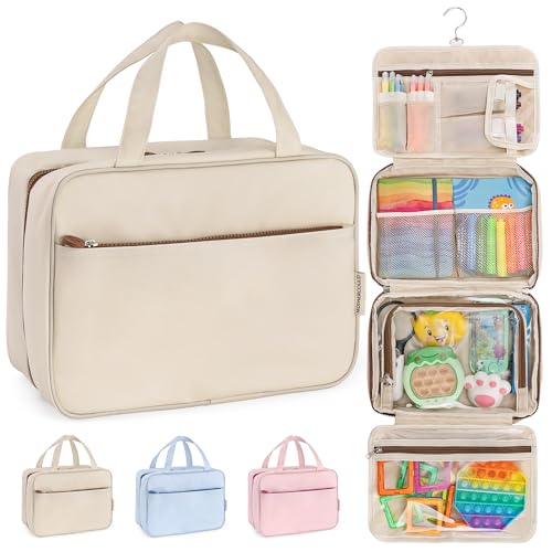 Kids Travel Organizer – Multi-Compartment, Water-Resistant Hanging Bag for Toys, Snacks, & Activities - Compact, Lightweight Design with Hook & Carry Handle - Perfect for Travel Use (Beige, Large) - color: Beige, size: Large