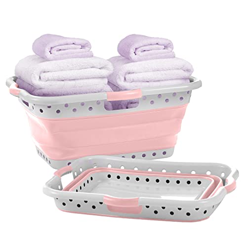 Pop & Load Collapse & Store 1 Large 25" Slim Collapsible Plastic Laundry Basket, Space Saving Portable Pop Up Storage & Organization Basket, 3" High When Folded, 3 Comfort Grip Handles, Blush Pink - color: Blush Pink, size: Large HipHolder - 3 Handles