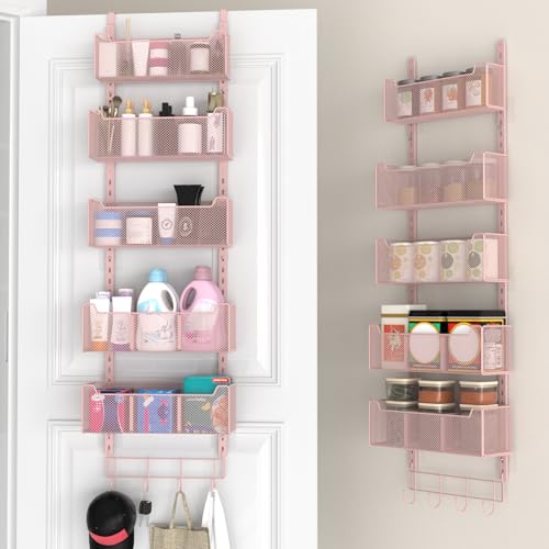 VyGrow Over The Door Organizer, Metal Door Organizer Hanging with 5 Adjustable Baskets and Coat Hook, Behind The Door Storage for Bedroom Closet Bathroom Pantry Cabinet Kitchen, Pink - color: Pink, size: 5-Tier