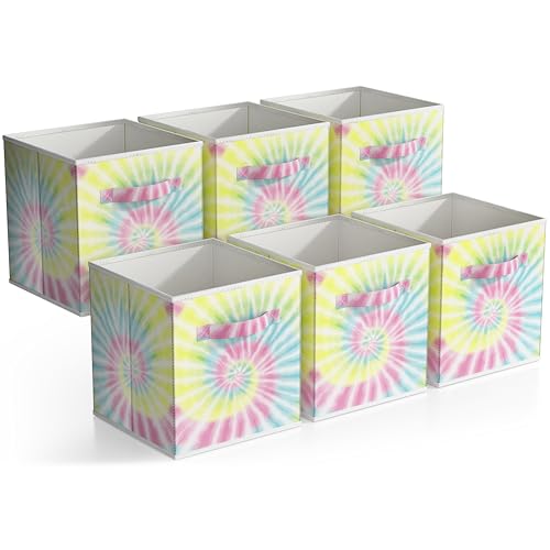 Sorbus 11 Inch Fabric Storage Cubes - Sturdy Collapsible Storage Bins & Handle - 6 Foldable Baskets for Organizing Clothes - Multi Colored Storage Baskets for Shelves (Light Tie-dye, 11 Inch) - color: Light Tie-dye, size: 11 Inch
