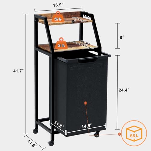 Timberer Laundry Hamper, Laundry Sorter, Rolling Laundry Basket with Wheels, 2 Shelves, 18 Gal(68L), Pull-Out and Removable Oxford Fabric Bags, for Laundry Room, Black and Rustic Brown - color: Black + Rustic Brown, size: 1 Bags (16.9"L x 11.8"W x 41.7"H)