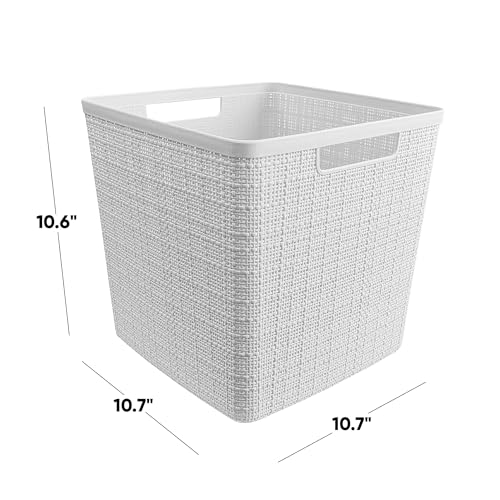 Curver Set of 4 Large Cube 17L Jute Decorative Plastic Organization and Storage Baskets - Perfect Bins for Home Office, Closet Shelves, Kitchen Pantry and All Bedroom Essentials, White - color: White, size: Large Cube 17L