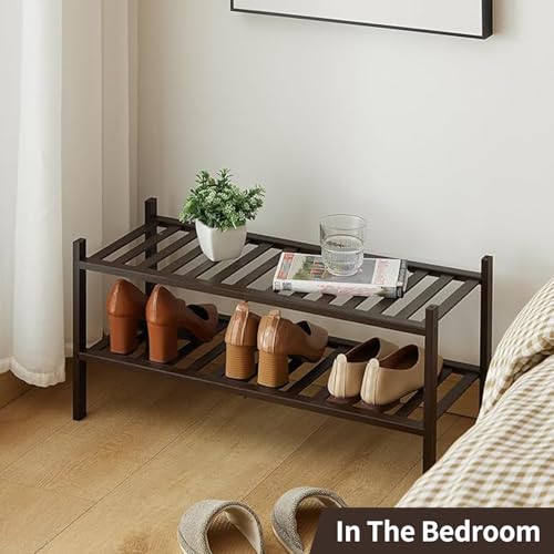 2-Tier Bamboo Shoe Rack for Entryway, Stackable | Heavy Duty | Multi-Function, Free Standing Shoe Racks for Bedroom Hallway Closet - color: Brown, size: 2-Tier-Standard