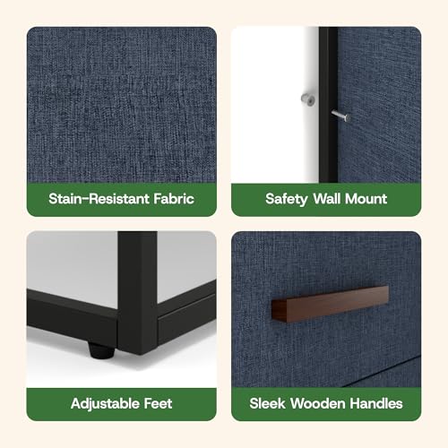 tinge Zana Premium 4 Drawer Fabric Dresser - Small Wood Top Dresser for Bedroom in Ocean Blue - Durable Metal Frame, Sag-Proof Clothes Storage Drawers & Sleek Wooden Handles (Navy) - color: Ocean Blue (Navy), size: 13.5"D x 23.5"W x 46.5"H (4 Drawers)