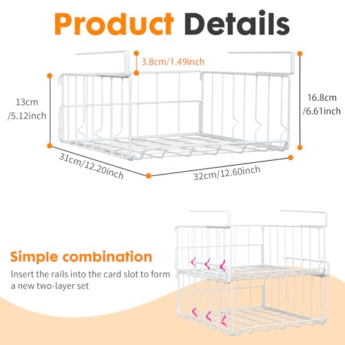 Hanging Under Shelf Storage Basket, 2 Pack Foldable Under Cabinet Metal Desk Storage Wire Rack Organizer for Kitchen Pantry Bookshelf Office Home, Easy to Install Slide-in Under Shelves (White) - color: White 2