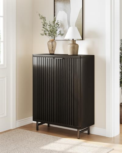 LITTLE TREE 6-Tier Shoe Cabinet with Doors for Up to 24 Pairs, Large Wooden Shoe Storage Cabinet with Adjustable Shelves, Black Freestanding Shoe Organizer Cabinet for Entryway, Hallway - color: Black