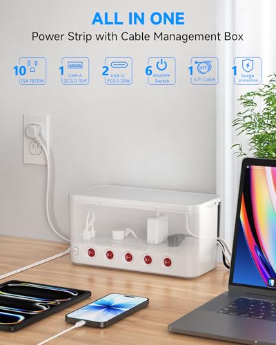 Surge Protector Power Strip with Cable Management Box,Cord Organizer Box with 10 Outlets and 3 USB Ports,Individual Switches,6 ft Flat Plug Extension Cord,Under-Desk and Desk Wire Storage Hider,White