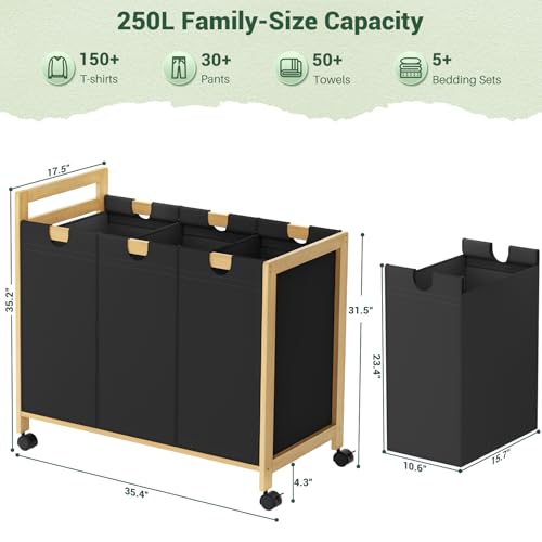 Homykic 250L Laundry Sorter Cart with Wheels, 3-Section Rolling Laundry Basket with Removable Bags, 66 Gal Large Laundry Hamper Organizer, Heavy Duty Bamboo Frame, Water-Resistant, Black - color: Black