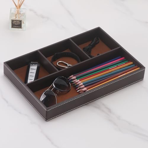 Desktop Storage Organizer, Nightstand or Dresser Organizer, Valet Tray, Entry Table Organizer, Modern bedside Box,PU Leather Drawer Storage Organizer Decorative Trays. - color: brown