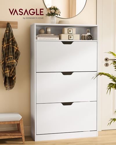 VASAGLE Custos Collection - Shoe Cabinet, Shoe Organizer, Open Compartment, Adjustable and Removable Dividers, 3 Flip Drawers, 9.4 x 31.5 x 54.5 Inches, for 21-24 Pairs, Cloud White ULBC043WB01 - color: Cloud White, size: 9.4"D x 31.5"W x 54.5"H, style: s