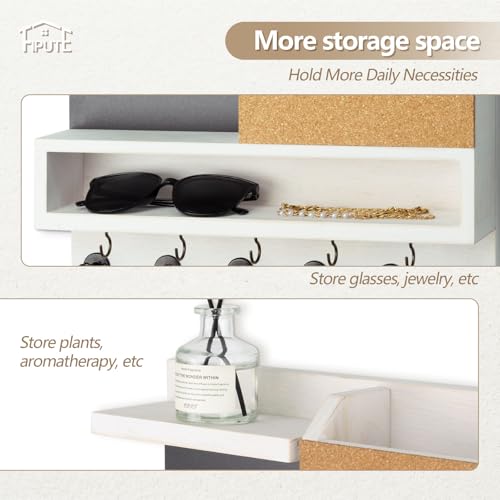 Key Holder for Wall Mount with Mail Organizer, Farmhouse Key Holder for Wall with Shelf, Chalkboard&Corkboard, Entryway Organizer 11 Metal Hooks, Decorative Natural Pine Wood, 14.6*11.1*3.3”, B-White - color: White-b