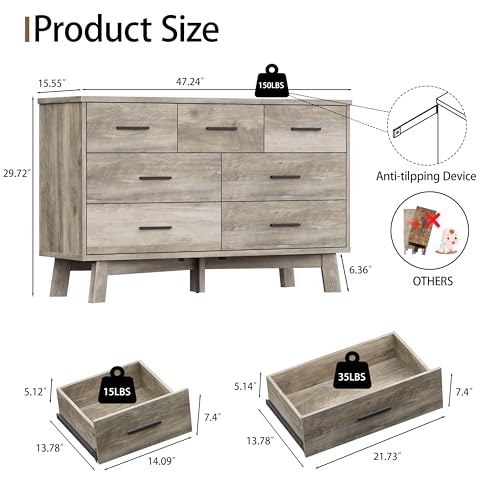 Xixini Dresser for Bedroom with 7 Drawer, Wood Modern Chest of Drawers with X-Shaped Sturdy Base, Wide Double Dresser Closet Clothes Storage Organizer, Wooden TV Stand for Living Room, Hallway, Grey - color: Grey, size: 15.6"D x 47.2"W x 29.5"H (7 Drawers