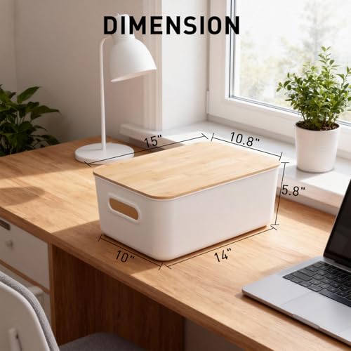 Citylife Storage Bins with Bamboo Lids 16QT Plastic Storage Containers Stackable Organizer Boxes with Handle for Desk Snacks, Toys, 2 PCS, 15" L x 10.6" W x5.8 H - size: Large, style: 2 Pack