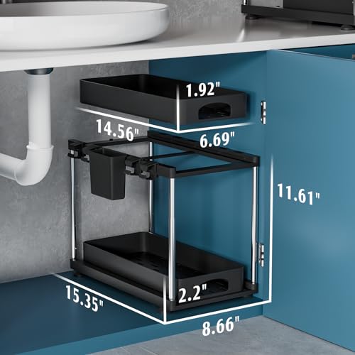 VERIFOST 2 Pack Under Sink Organizer, 2 Tier Under Sink Organizers and Storage for Kitchen Bathroom, Height Adjustable Cabinet Organizer with Two Slide-Out Drawers,Black - color: Black