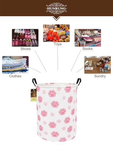 Collapsible Fabric Storage Basket, Waterproof Laundry Hamper with Handles, Round Storage Bin for Clothes Toys, Foldable Organizer for Bedroom Nursery Bathroom(Round-Pink Paw) - color: Round-Pink Paw