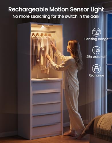 Closet System, Closet Organizer System with Rechargeable Motion Sensor Light Indoor, Walk in Closet Systems with 5 Drawers and Metal Hanging Rods, White