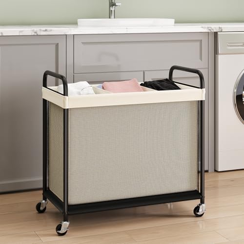 ELYKEN Laundry Hamper 3 Section, 120L Rolling Laundry Sorter with Removable Liner Bag, Laundry Basket with Wheels, Steel Frame with Metal Handle, Clothes Hamper Cart for Laundry Room & Bedroom - color: Beige, size: 3-Section
