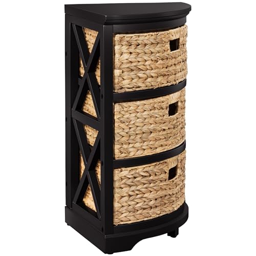 eHemco Hampton Meadows 3 Tier X-Side Corner Table Storage Cabinet with 3 Wicker Baskets, Black - color: Black, size: 14"D x 14"W x 25.5"H (3 Drawers)