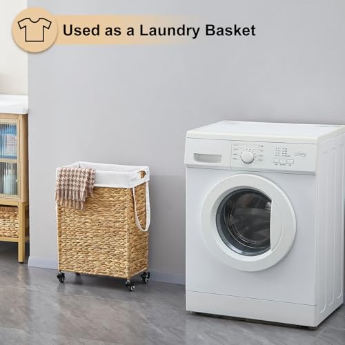 Rolling Laundry Hamper with Wheels, Slim Laundry Basket with Removable Liner Bag & 2 Mesh Bags, Handwoven Water Hyacinth Clothes Hamper for Bedroom Bathroom (Natural, 50L) - color: Natural/No Lid/50L