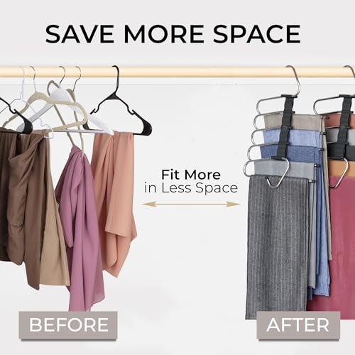 MORALVE Pants Hangers Space Saving - 4 Pack - Non-Slip Multi-Layer Space Saving Hangers - Multifunctional Clothing Rack for Closet Storage - Ideal for Jeans, Trousers, Skirts, Scarves & Slacks (Black) - size: 4 Pack