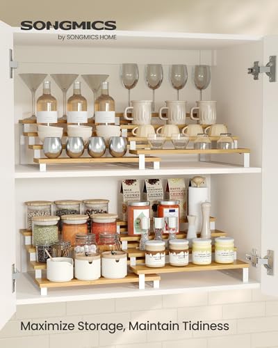 SONGMICS Display Risers, Set of 2 Engineered Wood Perfume Organizer Stand, 4-Tier Cupcake Stand Holder, Spice Rack, Shelf Risers for Figures, Dessert Shelves, Natural Beige and Cloud White UKCS216N02 - color: Natural Beige + Cloud White, size: 4 Tiers