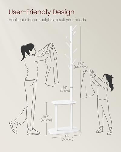 VASAGLE Coat Rack, Free Standing Coat Stand, Hall Coat Tree with 8 Hooks and Storage Shelf, 67.2 Inch Tall, for Coats, Hats, Bags, for Entryway, Hallway, Bedroom, Cloud White URCR040W01 - color: Cloud White, style: rectangular tray