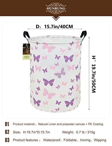 Collapsible Fabric Storage Basket, Waterproof Laundry Hamper with Handles, Round Storage Bin for Clothes Toys, Foldable Organizer for Bedroom Nursery Bathroom(Round-Purple Butterfly) - color: Round-Purple Butterfly