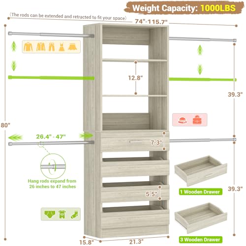 Aheaplus Closet System, 4-9Ft Closet Organizer with 4 Wooden Drawers, Wood Closet Organizer System with Tower, Walk-in Closet Organizer Wardrobe Garment Clothes Rack with 4 Hanging Rods, 2White Oak - color: White Oak