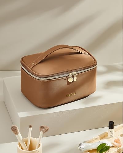 Prite Makeup Bag, Large Capacity Portable Travel Cosmetic Bag, Waterproof Makeup Organizer for Women with Handle and Divider (001 Brown) - color: 001 Brown