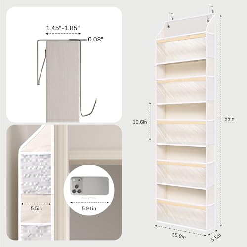 5 Tiers Natural Bamboo Over Door Organizer with 10 Mesh Side Pockets, 50 lbs Weight Capacity Hanging Storage Organizer with Clear Window Kids Toys, Shoes, Diapers, Warm Beige