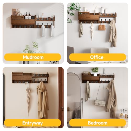 Wall Mounted Coat Rack with Shelf & Drawer, Heavy Duty Solid Wood Entryway Organizer, 29’’ Coat Rack Wall Mount with 12 Metal Hooks, Key & Mail Holder for Living Room, Bedroom