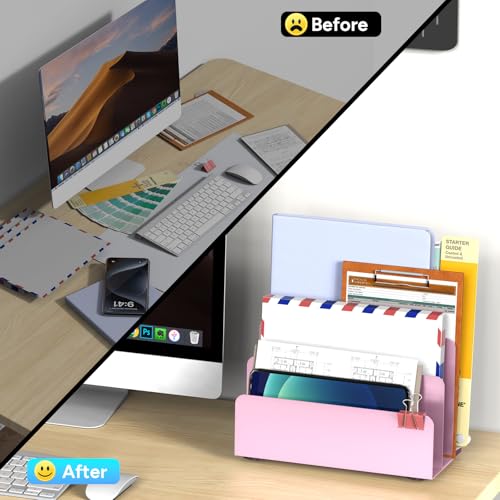 Mail Organizer Countertop, Small Desk File Organizer, Metal File Holder - Essential Workspace Organizers for Office Desk, Home Office (Pink) - color: Pink