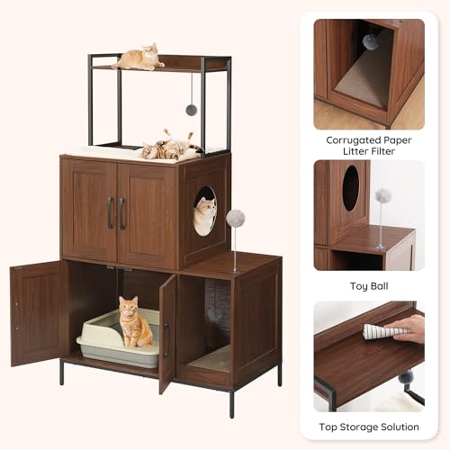 HOOBRO Litter Box Enclosure, Litter Box Furniture with Storage, 2-in-1 Hidden Cat Furniture with Shelf, 2 Dangling Plush Balls and 1 Toy Ball, Large Wooden Cat Washroom, Walnut WL78MW01 - color: Walnut