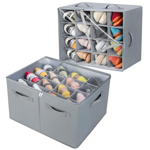 TOPIA HOME Shoe Organizer for Closet 2 Pack, Foldable Shoe Box with Adjustable Dividers and Clear Cover, Space Saving Shoe Storage Organizer Cabinet with Reinforced Handles, Fits 32 Pairs, Gray, TP12G - color: Gray-2Pack, size: Large(20.87''L x 16.54''W x