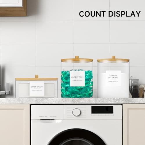 Glass Jars and Acrylic Dryer Sheet Holder, Laundry Pods Container with Bamboo Lid and 27 Labels, Powder Detergent Containers for Laundry Room Organization, Storage Jars Set (3 Pack) - color: White